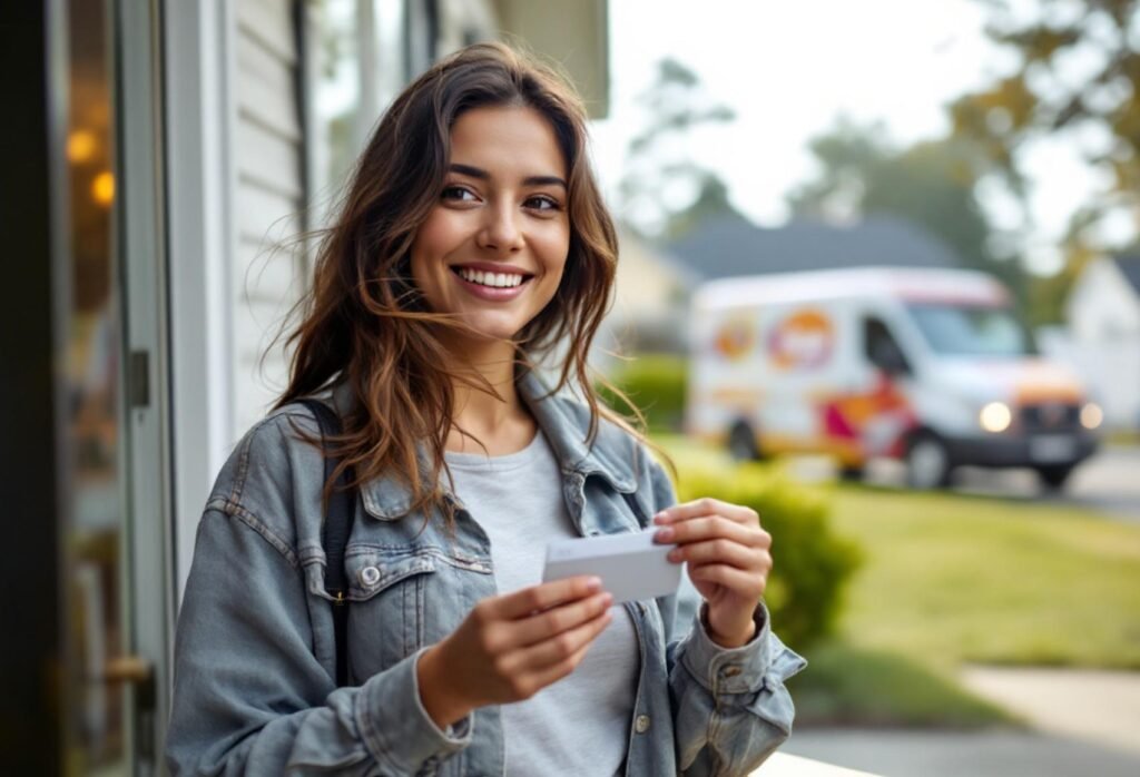 girl standing outside her home with ebt card for gopuff delivery