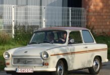 Trabant car driving through Leipzig, Germany